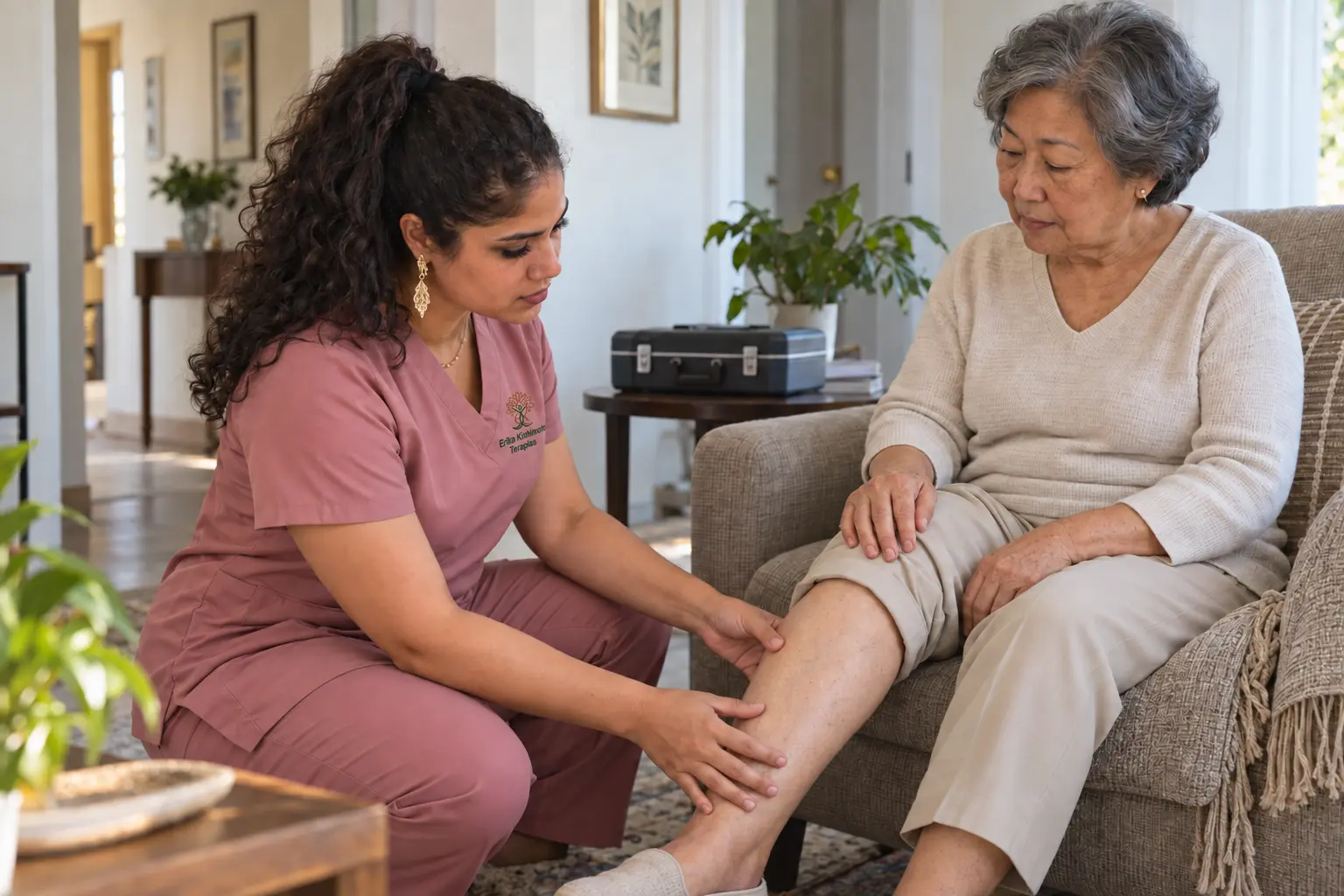 Dra. Erika avaliando perna de paciente idosa antes de possível protocolo de ozonioterapia domiciliar