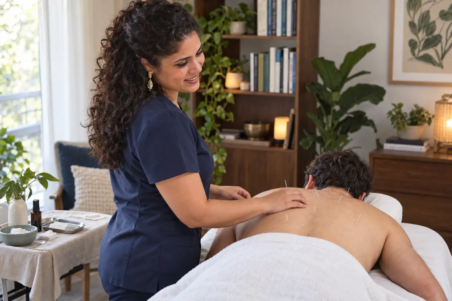 Dra. Erika acompanhando aplicação de acupuntura nas costas em atendimento home care